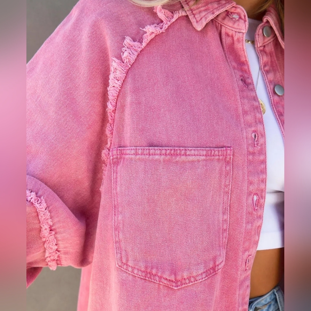Pink Acid Wash Distressed Denim Shacket Star Cutout Frayed. Used Size M - Picture 5 of 11